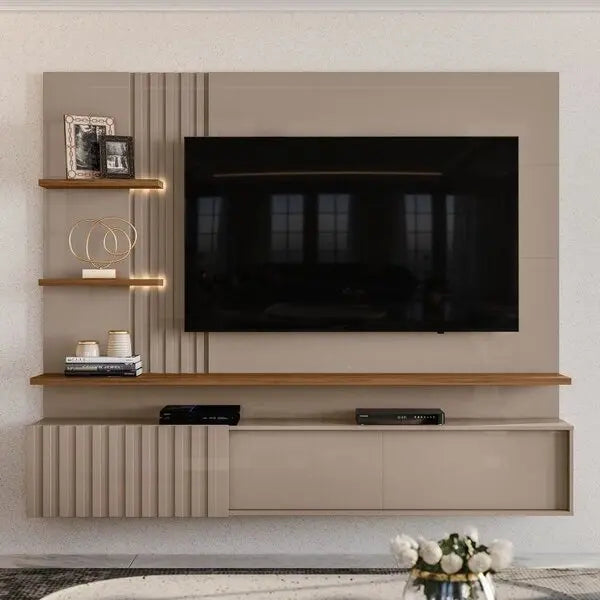 Painel Ripado Para Tv Até 65 Polegadas Com Led 3 Portas 167,5x200cm Atena Bege Fendi/naturale