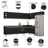 Armário De Cozinha Modulado De Canto 8 Peças Cp27 Com Pia Inox Preto
