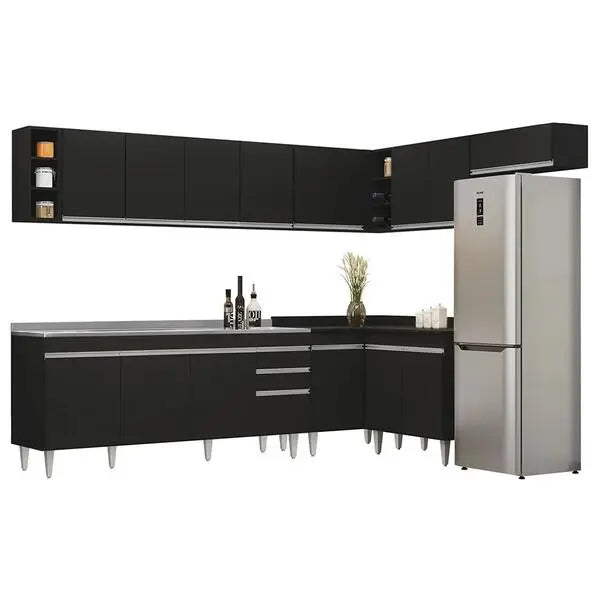 Armário De Cozinha Modulado De Canto 8 Peças Cp27 Com Pia Inox Preto