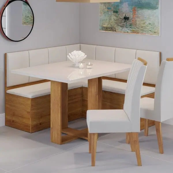 Conjunto Canto Baú Com Mesa De Jantar Retangular 120x80cm De Vidro E 2 Cadeiras Casa Moderna Bege/mel/off White/marfim