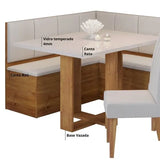 Conjunto Canto Baú Com Mesa De Jantar Retangular 120x80cm De Vidro E 2 Cadeiras Casa Moderna Bege/mel/off White/marfim