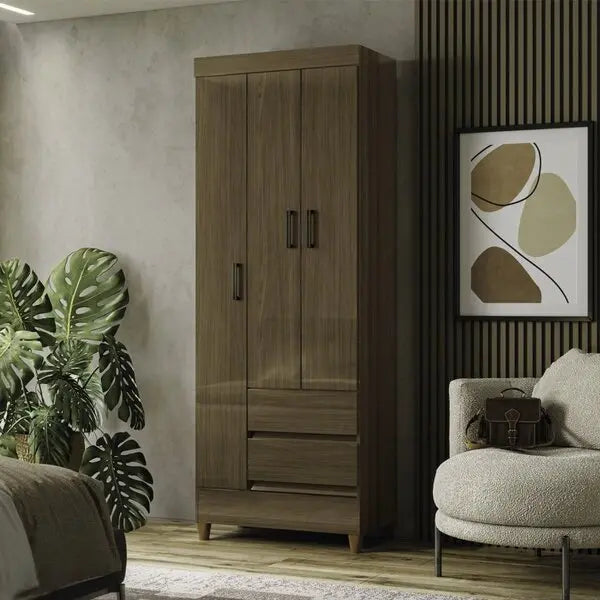 Guarda Roupa 3 Portas 2 Gavetas Com Pés Marrom/jequitibá Jequitibá
