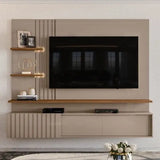 Painel Ripado Para Tv Até 65 Polegadas Com Led 3 Portas 167,5x200cm Atena Bege Fendi/naturale
