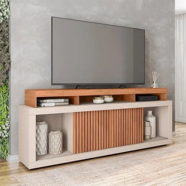 Rack Para Tv Até 75 Polegadas Mdf 180cm Frisos Decorativos Valença Bege Freijó/off White
